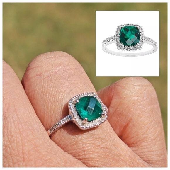Lab Created Emerald 10K White Gold 1/5 Carat TW Diamond Frame Ring - Picture 1 of 5